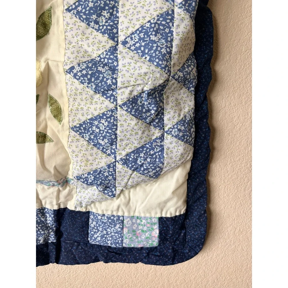 Patchwork Baby Quilt Floral Applique Blue‎ White Cottagecore Standard Sham